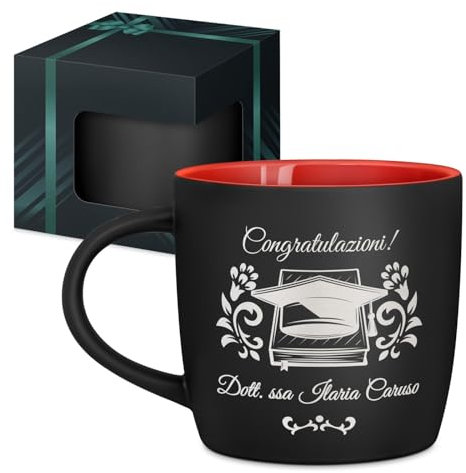 Maverton Tazza da caffè latte o tè in ceramica - 400 ml - Incisione personalizzata - Bicchiere con manico per bevande per Lei - Tazze da colazione per compleanno donna - Interno rosso - laurea