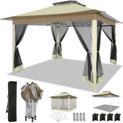 COBIZI Pavillon 3x3 Wasserdicht Stabil Faltpavillon, Pop up Gartenpavillon mit Seitenwänden Moskitonetz,Party Zelt pavillon,Doppeldach Pavillon faltbar für Garten, Khaki(Upgraded 2.0)