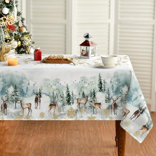 Artoid Mode Golden Schneeflocken Bäume Rentier Weihnachten Tischdecke 140x160 cm, Winter Vögel Fleckschutz Tischwäsche Küche Dekoration Party Dekor