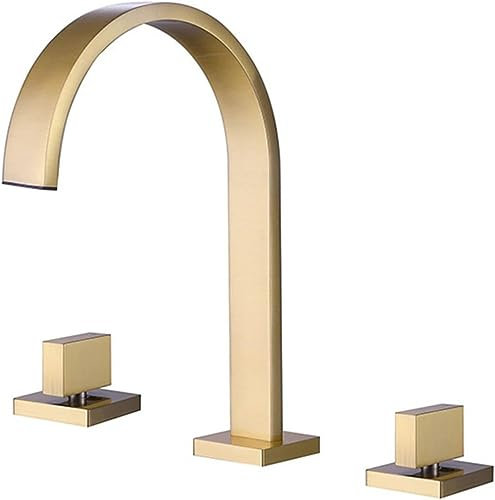 3 Hole Bathroom Sink Faucet Gold, Double Handle, Waterfall Wash Basin Splashproof Vanity Faucet 3 Holes