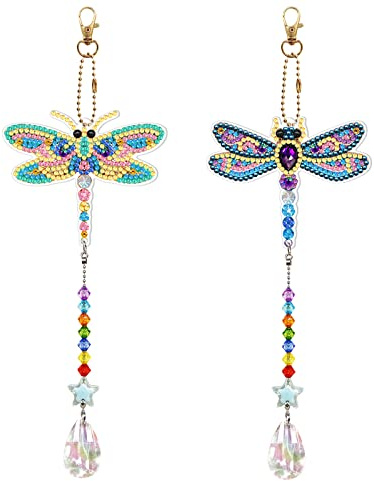 2 Pcs Dragonfly Diamond Art Suncatcher Hanging Pendant DIY Kit 5D Diamond Art Painting Dragonfly Sun Catcher Hanging Ornament Double Sided Special Shape Beads Paint by Number Garden Yard Window Decor