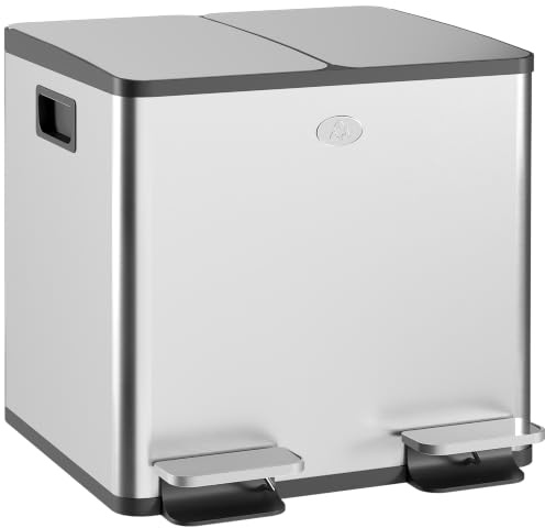 HOMCOM Cubo de Basura de Cocina con 2 Compartimentos 2x15L con Pedal Plata | Papelera Cocina, Acero Inoxidable, Tapas de Cierre Suave, Cubo Extraíble, para Reciclaje Residuos Restos de Comida
