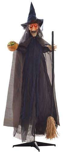 HOMCOM Halloween Deko Hexe Outdoor 190cm Animiert Halloween Hexe mit Leuchtenden Augen gruseligem Sound Horror Skelett Halloweendeko Halloween-Dekoration für Tür Garten Party Hof Spukhaus