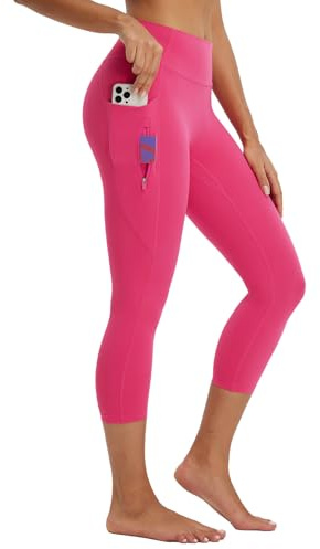 BALEAF Capri-leggings för kvinnor med fickor, hög midja, yoga, magkontroll, byxor, träning, löpning, gym, träning, Rosig, XS