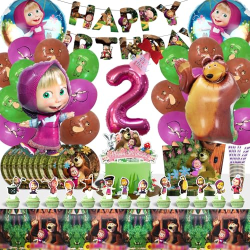 Mascha Geburtstag Deko 2 Jahre, Mascha Ballon, Kindergeburtstag Besteck set Cartoon, 101 PCS Party Set Ballon