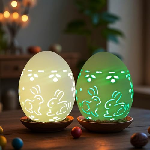 Osterdeko LED Ostereier,Keramik Osterei mit LEDs Licht, LED Deko Osterlicht,Frühlingsdeko Hohl Ostereier Porzellan mit Hase Muster,Ostern Deko Leuchtende Osterei Batteriebetrieben für Tischdeko (2pcs)