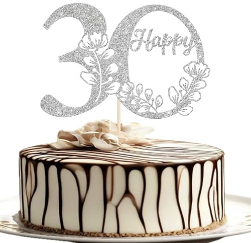 Xsstarmi 1 Pack Happy 30th Birthday Cake Topper Silver Glitter 30 Cake Pick Cheers to 30 Birthday Cake Decorations for Happy 30th Anniversary Party Cake Decoration Supplies