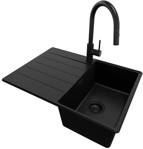 PRIMAGRAN Granitspüle ab 40er Unterschrank + Küchenarmatur, 70x50cm | Set: Küchenarmatur BW9010 + Ablauf-Set + Spülbecken 1 Becken - Kopenhagen Top, Alles Schwarz
