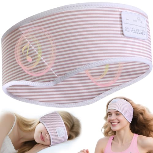 LOVE EYE Sleep Headphones Headband, Soft Skin-Friendly Sleep Mask with Ultra-Thin HD Stereo Bluetooth Speakers, Wireless Music Headband for Sleeping, Travel & Yoga, Pink Striped Design