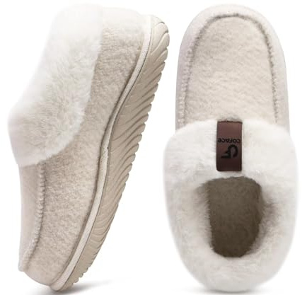 COFACE Chausson Femme Hiver Chaud Feutre Pantoufles Peluche Fourrure Fourrés Doublure Fermé Charentaise Confort Mousse à Mémoire de Forme Orthopedique Slippers Maison Antidérapant Semelle Beige 40