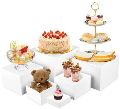 rolu Food Risers for Buffet Table Dessert Table Display Set 6 dimensions 3in+4in+5in+6in+7in+8in White Acrylic Buffet Risers Cube Boxes Nesting Risers for Cake Wedding Cupcake Dessert Party (6)