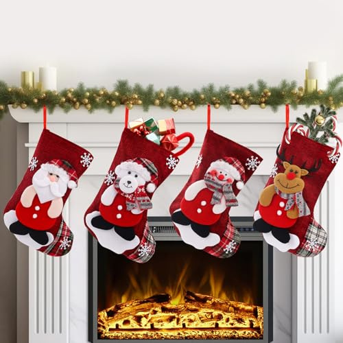 ANBOWEI Weihnachtsstrumpf Nikolausstrumpf - 4er Set Weihnachtssocken zum Befüllen und Aufhängen, Christmas Stocking Weihnachtsdekoration für Kamin Weihnachtsbaum Geschenktüte(22x16x13 cm)