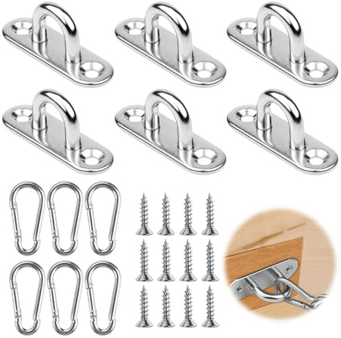 12 Pzs Placa de Ojo de Acero Inoxidable M5 y Mosquetón de Acero | Ganchos Anclaje de Techo Con Tornillos, Mosquetones para Toldos Exterior, Forma U Anclaje Pared para Sillas Colgantes, Toldos