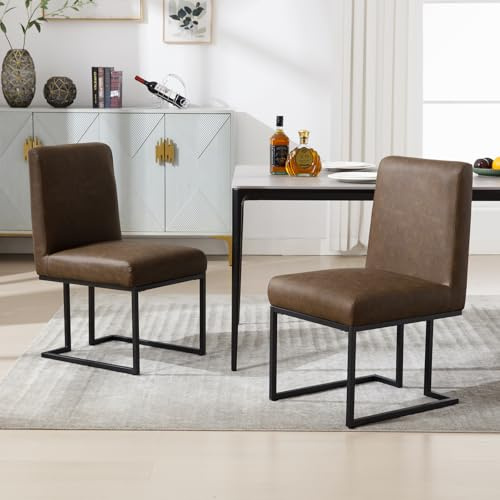 Chummaven Moderne PU Leder Esszimmerstühle 2er Set Armlose Polster Küchenstühle Mit Matt Schwarzem Metallrahmen Für Esszimmer Küche Schlafzimmer, Braun