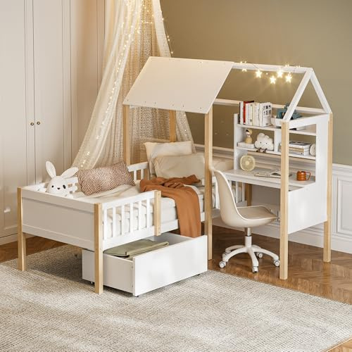 Merax Kinderbett 90x200cm, Hausbett mit Schreibtisch, Schubladen, Regalen, Multifunktional Einzelbett mit Rausfallschutz & Lattenroste & Dach, L-Struktur, Jugendbett, Kinderzimmermöbel, Weiß & Natur