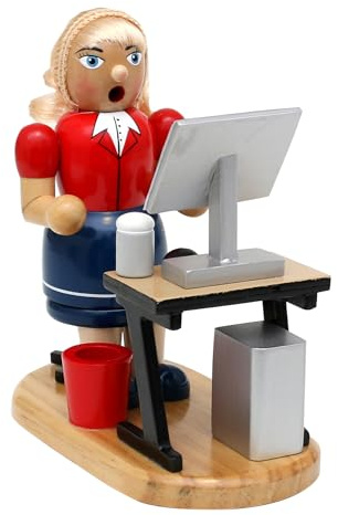 Dekohelden24 Räucherfrau Sekretärin, Räuchermann Sekräterin, Rauchfigur Büroangestellte, Geschenk für Büromitarbeiter, Räucherfigur Büroangestellte am PC, in Rot/Blau, L/B/H 15 x 10 x 16 cm.