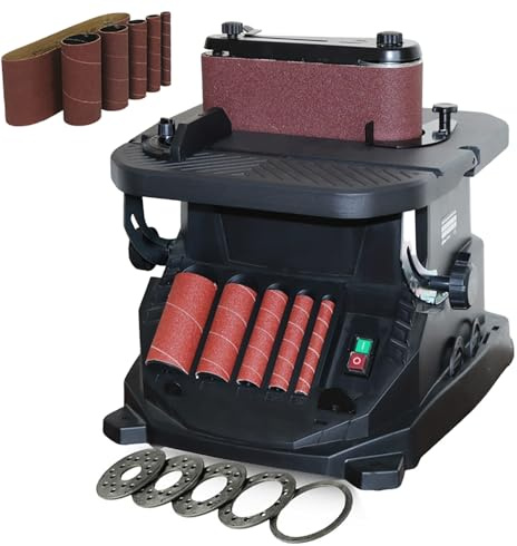 Lijadora vertical de husillo oscilante y lijadora de banda, máquina combinada 2 en 1 para carpintería con 5 mangas de lijado, mesa inclinable de 4x24 pulgadas (0-45°) para lijar curvas