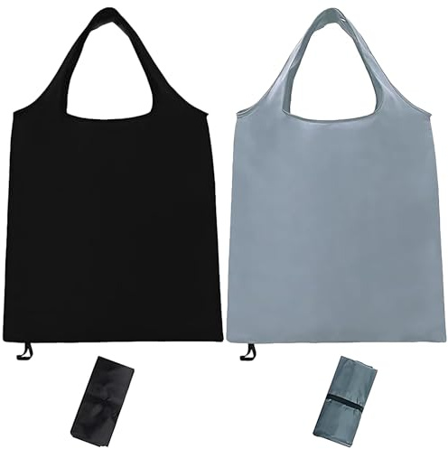Bamyli 2PCS Reusable Foldable Shopping Bag, Lightweight Tote Bag & Grocery Bags, Waterproof Washable Polyester Fabric for Daily Shopping, Travel, Outdoor Storage (Black & Gray)