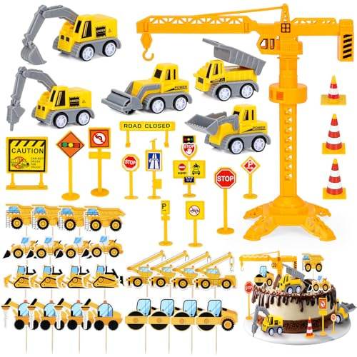 44PCS Digger Cake Toppers Tractor for Boys Digger Cake Decorations Birthday | with Road Toy Sign Tower Crane Digger Birthday Decorations Cake Construction Vehicles Cake Toppers Digger Cupcake Theme Party