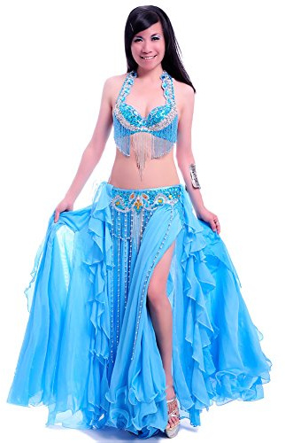 ROYAL SMEELA Bauchtanz Kleidung für Damen Strass BH Gürtel Rock 3 Stück Bauchtanz Kostüm Set Tanzkleidung Frauen Tanzen BH und Gürtel Slit Rock Lang Damen Anzug