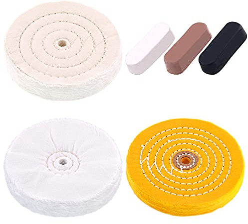 Swpeet 6pcs 6 tums professionella buffing poleringshjul med 3 färger poleringsföreningar kit, inklusive bomull (60 skikt), gul (42 skikt) och flanell (30 skikt) med 1/2 Arbor Wheel för bänkslipar