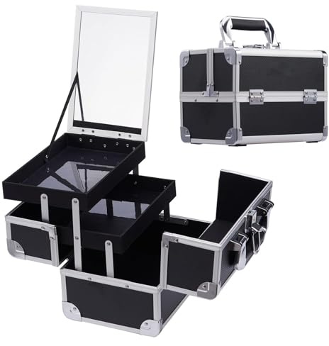 Frenessa Cosmetic Case Makeup Organiser Box Beauty Storage Make Up Case Vanity Box with Mirror Lockable with Keys, Black