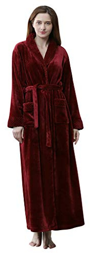Susenstone Peignoir Femme Velours Robe De Chambre Polaire Femme Chaud ÉPais Long Flanelle Peignoir De Bain Homme Eponge Hiver Longue Pyjama avec Ceintures (M(EU36), Femme-Bordeaux)