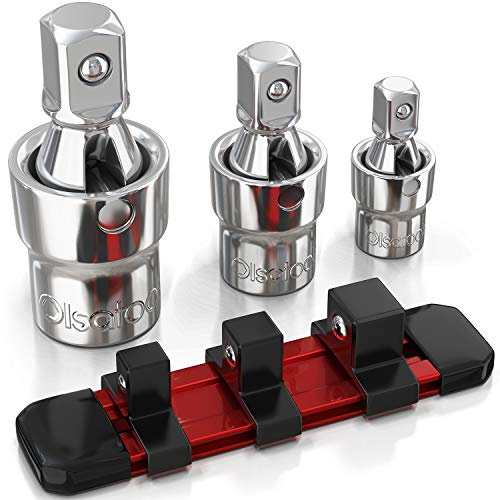 Olsa Tools Universal Joint Set - 3 Pc 1/2,3/8 & 1/4 Drive - Swivel U-Joint Socket Kit with Aluminum Rail - Ball and Angle Socket Adapters - Part 1243