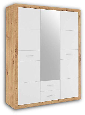 Stella Trading STONE Eleganter Kleiderschrank mit viel Stauraum & Spiegeltür - Vielseitiger Drehtürenschrank in Artisan Eiche Optik & Weiß - 151 x 198 x 55 cm (B/H/T)