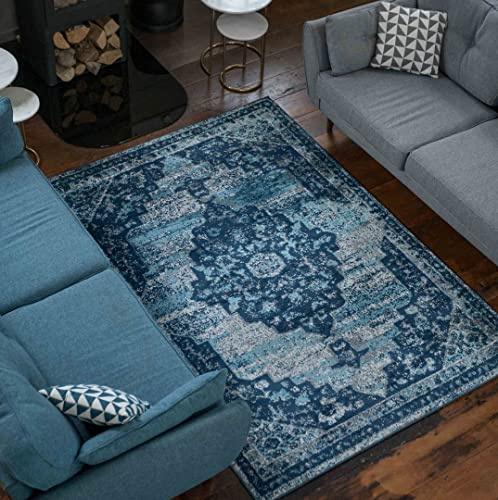 The Rug House Traditional Floral Medallion Denim Navy Blue Oriental Style Living Room Carpet Rugs Affordable Persian Style Lounge Bedroom Hallway Area Rugs 80cm x 150cm