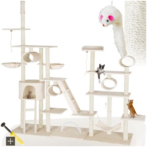 tectake® XXL Kratzbaum, Deckenhoch, Groß - Mit Zubehör, Hängematte, Kratzsäule, Katzenhaus, Tunnel, Liegefläche, Treppe - Variabel, Beige
