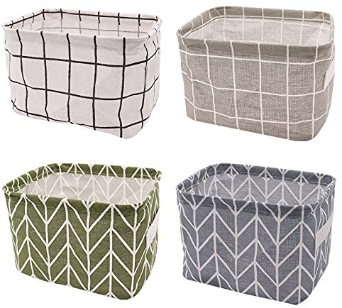 YUNSHANGHE 4 Stück Stoff Aufbewahrungskorb Organizer, Kinder Kleine Leinen Faltbare Aufbewahrungsbox mit 2 Griffen, Ablagekörbe für Desktop Speicher und Haushalts Organizer 20x16x14cm (Plaid-Twill)