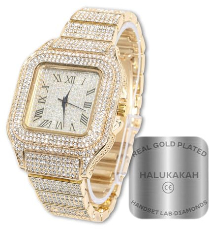 Halukakah Diamant Golduhr, Herren 18K Echt Vergoldet 40MM Breite Quadrat Wählen Quarz Armband 24cm, mit Geschenkbox