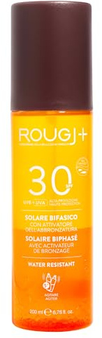 Rougj Spray Solare Bifasico 30 con Attivatore di Melanina - Protezione Solare 30 Spray Corpo con Arginina, Fico d’India e Thermus Ferment - SPF 30 Water Resistant 200ml - Made in Italy