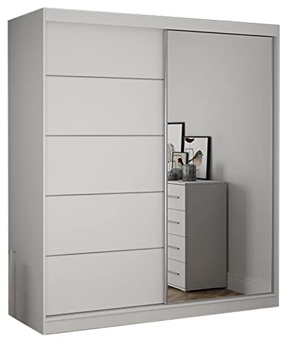 Fabryka Mebli Idźczak Kleiderschrank mit Spiegel - Schwebetürenschrank, Schlafzimmerschrank - Weiß Schrank für Schlafzimmer, Ankleidezimmer - 61 x 183 x 218 cm - Garderobenschrank