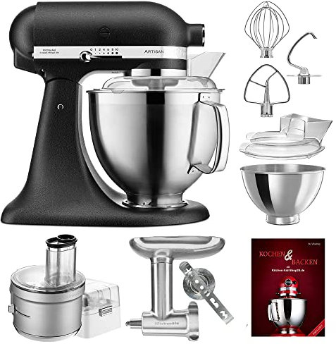 KitchenAid Küchenmaschine Artisan - P24 Food Processor Set Spezial 185er (M) - 5KSM185PSEBK inkl. Food Processor Vorsatz (5KSM2FPA), Fleischwolf Ganzmetall (5KSMMGA) und Kochbuch (Kochen & Backen)