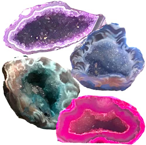 Steinfixx - wunderschön gefärbte Achat Geode | aufgeschnitten | A* Qualität | Schnittkante poliert I Glücksgeode I Feengarten (Set 4 Farben)