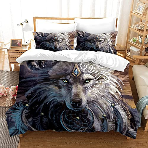HSGLGNA Bettwäsche-Set mit Wolf-Motiv, Wolf-Mond, 3-teilig,3D Wolf Mikrofaser Bettwäsche-Sets 3teilig mit Reißverschluss,100% Baumwolle, mit Bettbezug und Kissenbezug (Wolf-5, 135 x 200 cm)