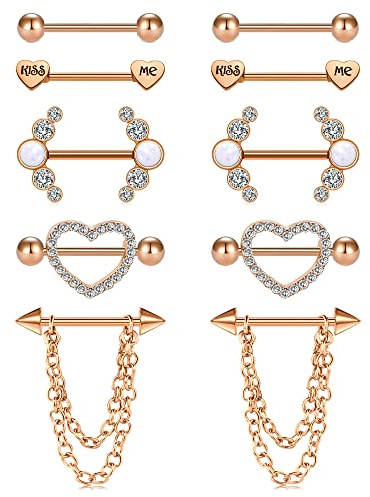 Mayhoop 14G Piercing Acero quirúrgico Corazón Diamante Kiss Me Pezón Pezón Piercing Joyería para Mujeres Oro Rosa 5 Pares