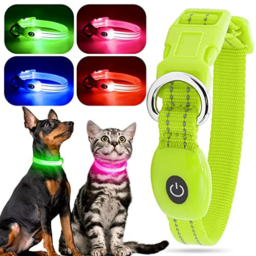 leuchthalsband Hund XS, YFbrite leuchthalsband Katze, Bequem Leuchtende Welpenhalsbänder, Verstellbares Reflektierendes Welpen-Gehlichthalsband für Sicherheit (Grün, XS)