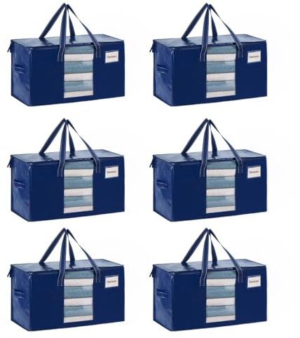 VENO 6er-Pack Umzugstaschen XXL(87 Liter) mit Sichtfenster, Faltbare Aufbewahrungstasche, Starke Griffe & Reißverschluss, Alternative zu Umzugskartons für Kleidung,Blau