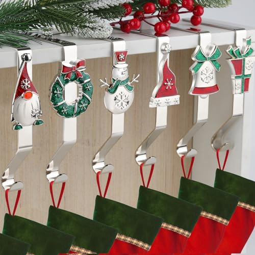EBANKU 6 pièces Cintres pour Chaussettes Noël pour cheminée, 6 Styles Supports pour chaussettes Noël pour manteau, Crochets Antidérapants et Robustes pour Chaussettes Cheminée, pour Noël