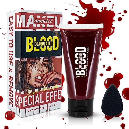 immetee Fake Blood Gel, Sfx Blood Gel with Stipple Sponge, Sfx Fake Blood Makeup Kit, Halloween Coagulated Stage Blood Specail Effects Makeup Face Body Paint. 55g
