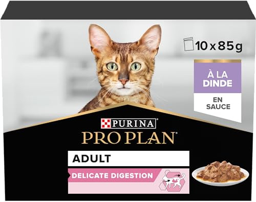 PURINA PRO PLAN | DELICATE DIGESTION | Aliment Complet pour Chat Adulte | Aide à favoriser un système digestif sain | Effilés en Sauce| A la Dinde| Portion Individuelle | 10x85g