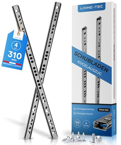 LIVING-TEC Schubladenschienen 310 mm 4 Paar Gleitschiene 17 mm Nut Stahl | Auszugsschienen für Schubladen & Möbel - leichtgängig, inkl. Montageschrauben - für Küche, Büro & Werkstatt