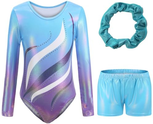 Cucudy flicka tredelad gymnastikdräkt, gymnastiktröjor gradient set med shorts hårband, glittrande ärmlös för dans balett gymnastik sportig för små flickor från 5–12 år, B118-blå, Tag 10A(9-10 Jahre)