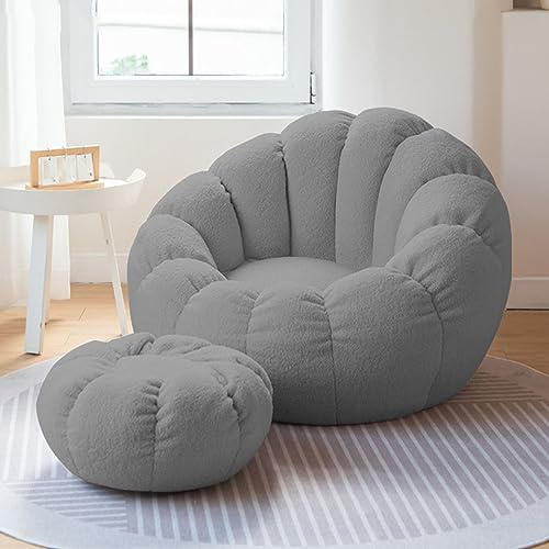 ShEyle Lazy Sitzsack-Stuhlbezug, Sessel aus ultraweichem Teddy-Stoff, (ohne Füllstoff), Kürbis-Optik, weicher, hochwertiger, Stopfbarer Sitzsack-Stuhlbezug, auslaufsicherer Möbelschutz,Grau