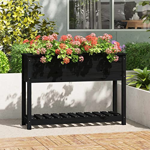Higsose Jardinière avec Etagère Noir 111,5x34,5x81cm Bois Massif de Pin Jardiniere Balcon Jardiniere sur Pieds Jardiniere Bois Jardiniere Interieur Jardiniere Exterieur Jardiniere Haute