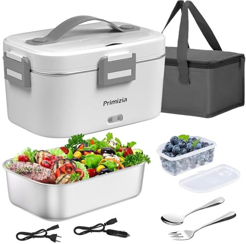 Primizia Scaldavivande Elettrico Portatile con Borsa Termica 1.8L (75W/12V/24V/220V), Lunch Box Portavivande Termico Elettronico Portatile in Acciaio Inox, Porta Pranzo da Ufficio e Auto, Bianco