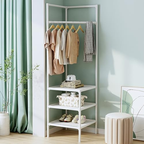 HaoJieHan Portant à Vêtement, Porte-manteaux, Portant a Vetement avec 3 étagères, Vintage Vestiaire avec 4 Crochets, pour vêtements, Chapeaux, Sacs white,3 layers